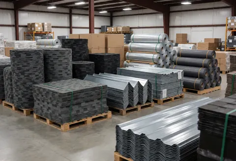 Industrial warehouse with pallets of roofing tiles, metal sheets, and insulation rolls ready for installation, featuring ceiling lights and polished concrete floors.