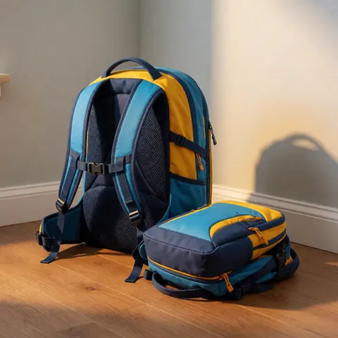 Large and small blue and yellow backpacks resting on a wooden floor with warm lighting and defined shadows, suitable for family travel and school use.