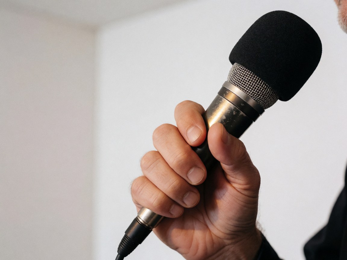 Close-up of an adult hand holding a vintage microphone with a metal grille and black cover against a white wall with warm lighting.