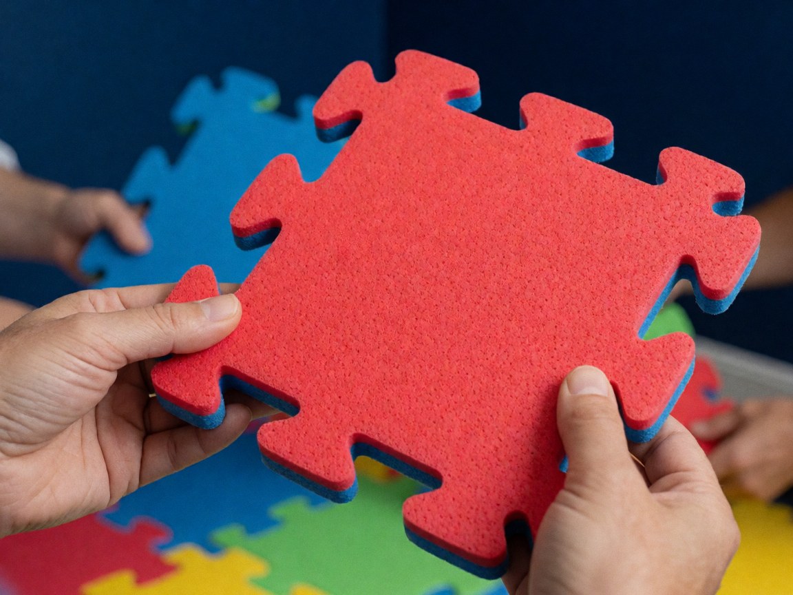 Adult hands hold a red puzzle piece with a blue border against a background of colorful puzzle pieces in a theme park setting.