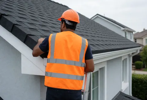Worker in orange vest and helmet checking dark shingles on a gray suburban house roof