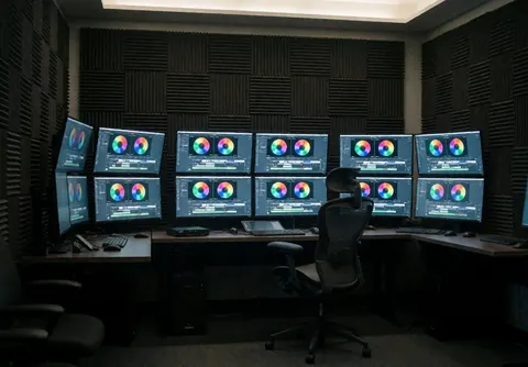 Dark video editing workspace featuring multiple monitors, acoustic panels, and an empty ergonomic chair in a tech-focused environment.