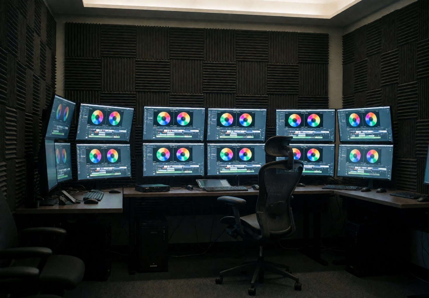 Dark video editing workspace featuring multiple monitors, acoustic panels, and an empty ergonomic chair in a tech-focused environment.