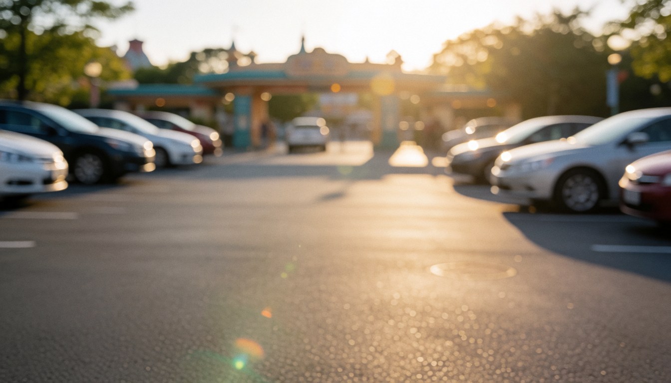 Blurred background of a theme park parking lot with parked cars, golden sunset light, and lens effects, ideal for text overlay.