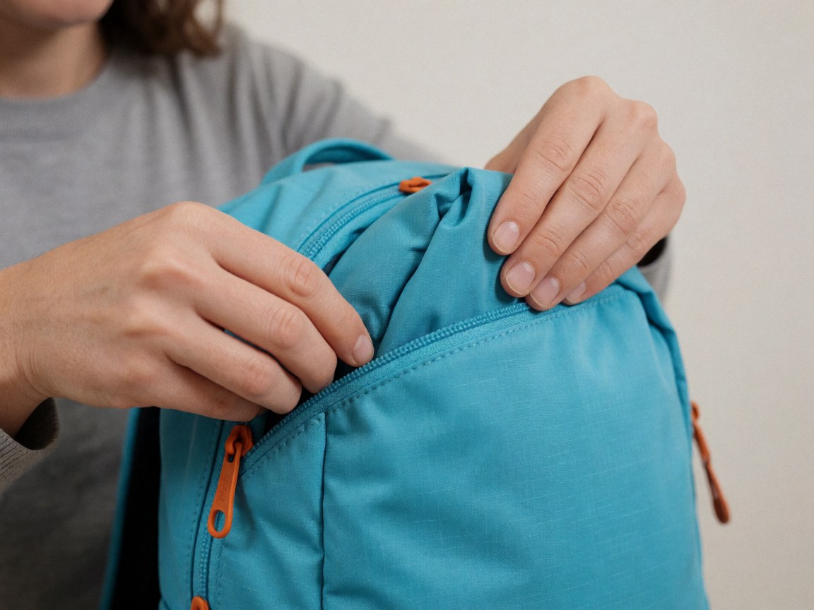 Close-up of adult hands folding a turquoise nylon backpack featuring an orange zipper against a soft gray background, highlighting texture and closure details.