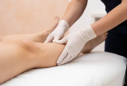 Therapist wearing white gloves palpating a client's leg muscle on a treatment table with soft lighting and a blurred background