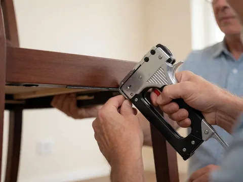 Close-up of a hand holding a nail gun while fastening a nail into the base of a wooden chair with a blurred background.