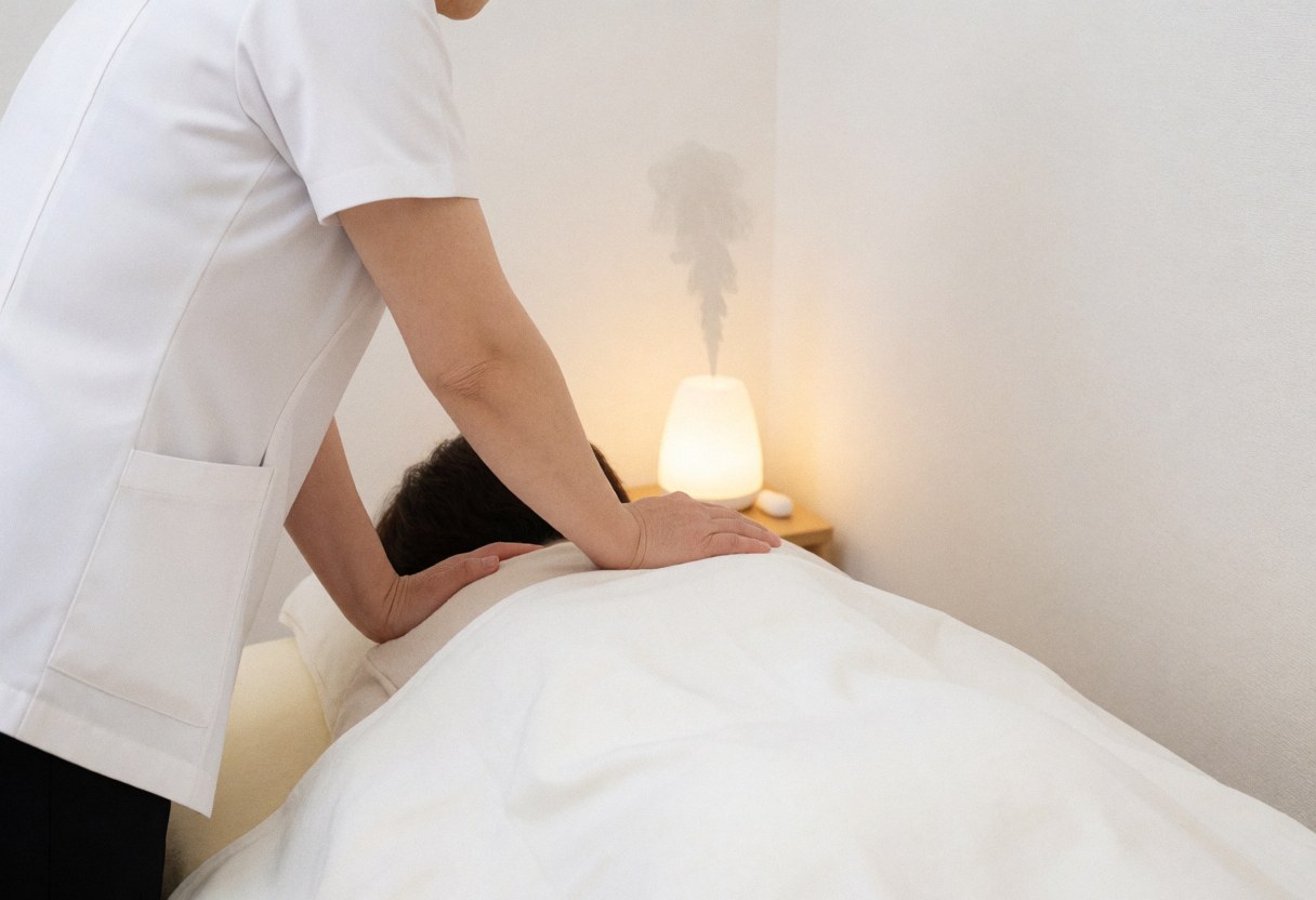 Therapist in white uniform massaging client's back covered with white sheet, using aroma diffuser emitting vapor in warm lit room