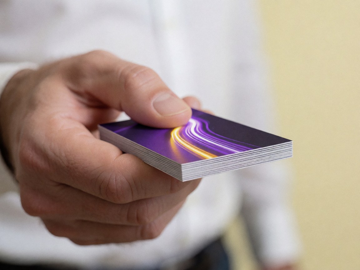 Close-up of a hand holding a stack of business cards illuminated by purple and yellow light against a soft yellow studio background