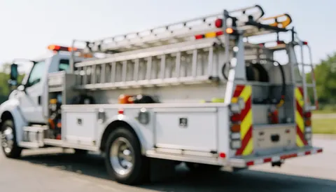 A service truck parked with visible ladders, tools, and compartments against a blurred background suitable for text overlay.