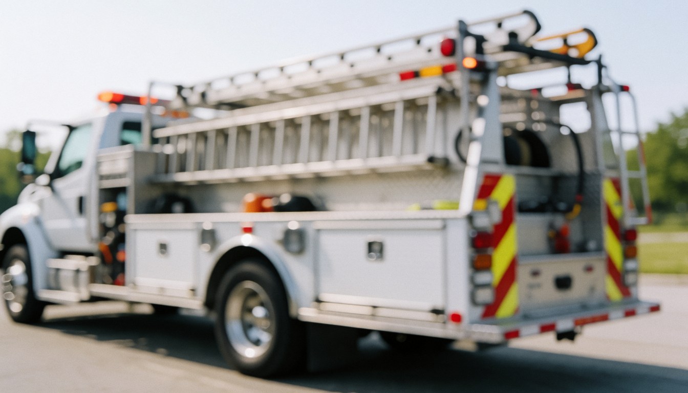 A service truck parked with visible ladders, tools, and compartments against a blurred background suitable for text overlay.