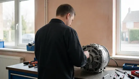 Technician working on a washing machine motor in a clean workshop with tools on a table and natural light from windows