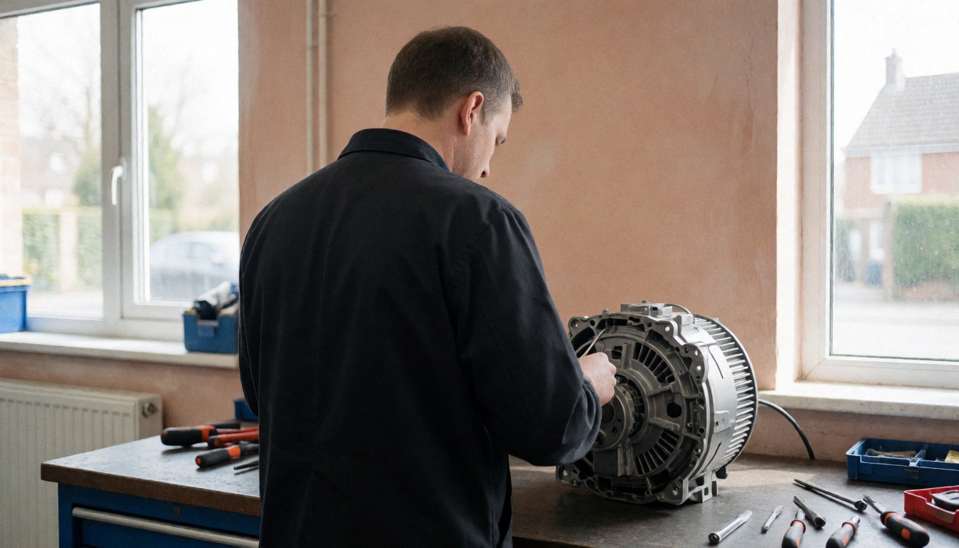 Technician working on a washing machine motor in a clean workshop with tools on a table and natural light from windows