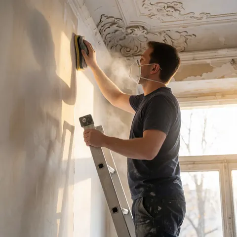 Worker wearing mask and gloves sanding a high wall near a decorative cornice with warm sunlight from a window