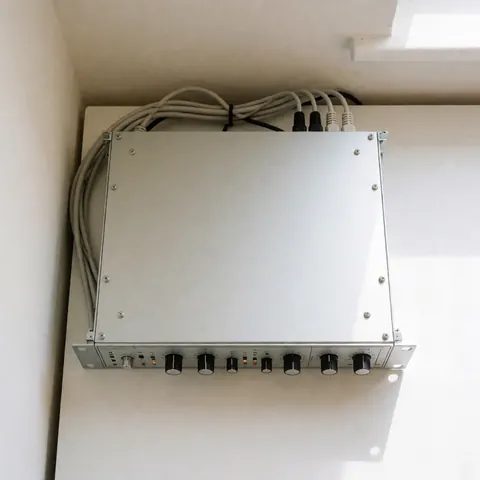 Professional wall-mounted audio crossover with connected cables and indicator lights for event sound production