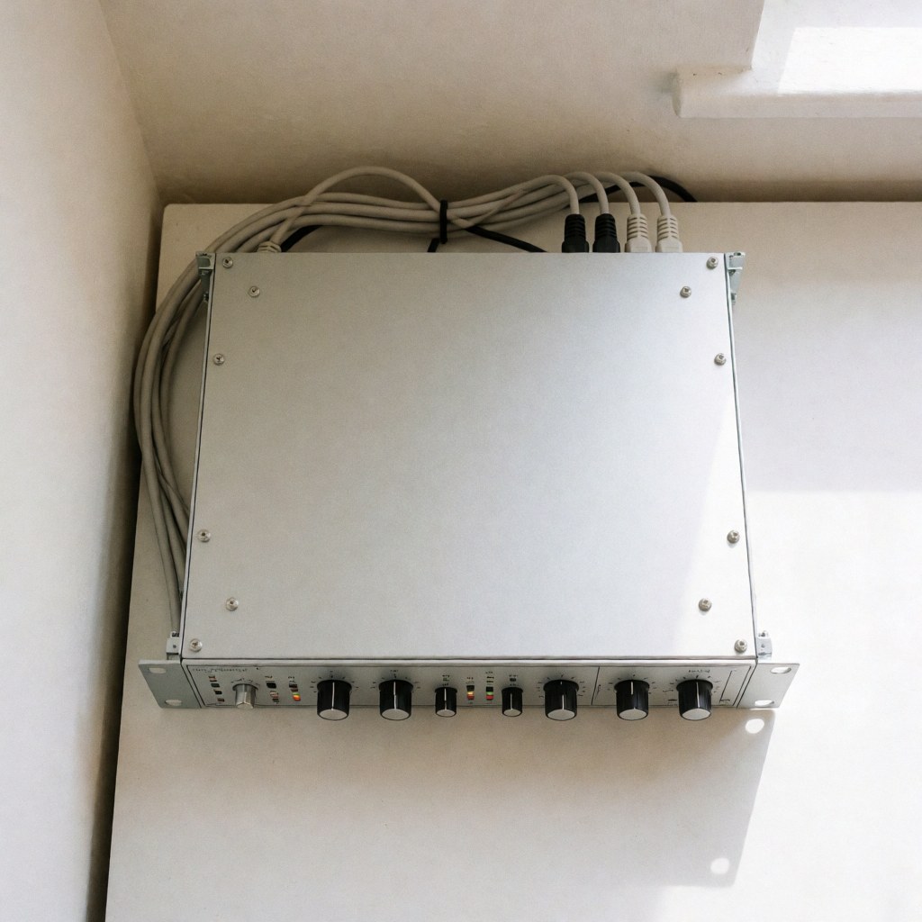 Professional wall-mounted audio crossover with connected cables and indicator lights for event sound production