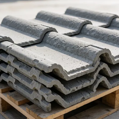 Interlocking concrete roof tiles stacked on a wooden pallet with rough texture and visible details under diffused light