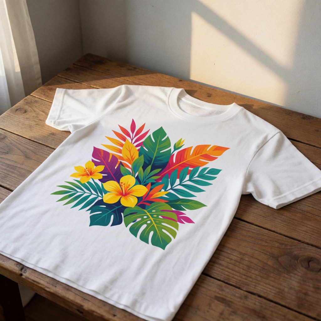White t-shirt featuring tropical leaves and yellow flowers displayed on a rustic wooden table with soft natural lighting