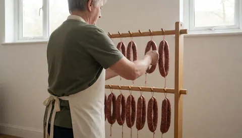 A professional in an apron hangs sausages on a wooden rack in a bright room with white walls and natural window light.