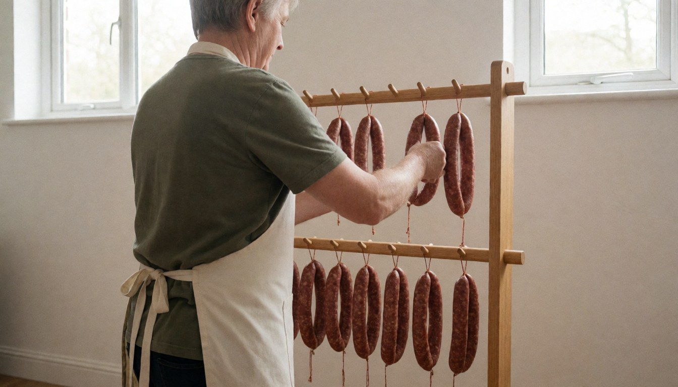 A professional in an apron hangs sausages on a wooden rack in a bright room with white walls and natural window light.