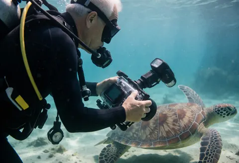 Underwater photographer with professional camera captures a sea turtle in its natural habitat with sunlight filtering from above.