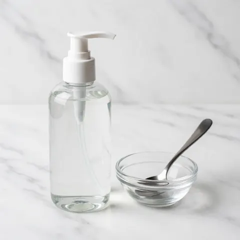 Clear bottle with white pump dispenser containing aloe vera gel placed next to a glass bowl with a metal spoon on polished white marble surface