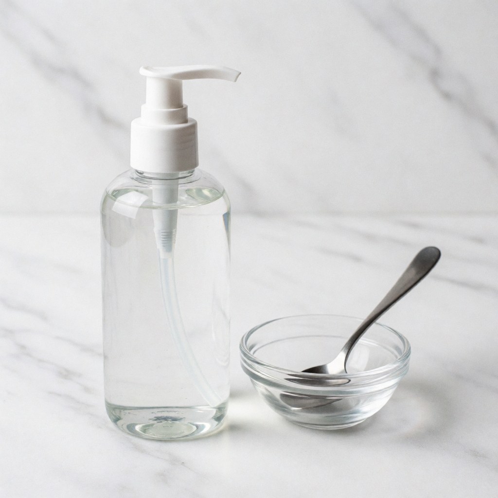 Clear bottle with white pump dispenser containing aloe vera gel placed next to a glass bowl with a metal spoon on polished white marble surface