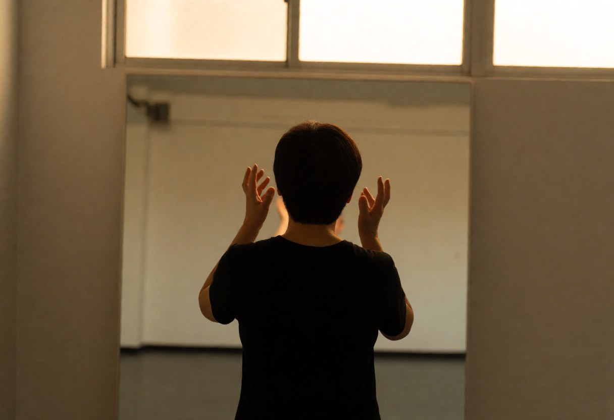 Back view of person rehearsing theater gestures in front of mirror in bright rehearsal room with warm light from high window