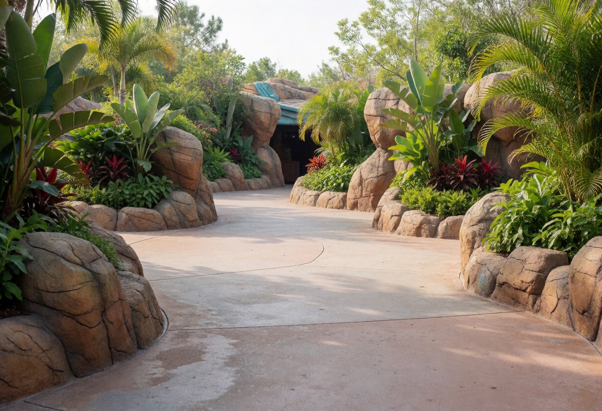 A themed park pathway featuring artificial rocks and lush tropical plants, suitable for attraction promotions and waiting areas.