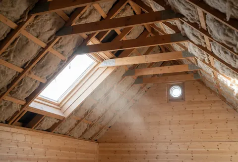 Exposed wooden roof beams and fiberglass insulation in a construction site with two skylights letting in natural light.