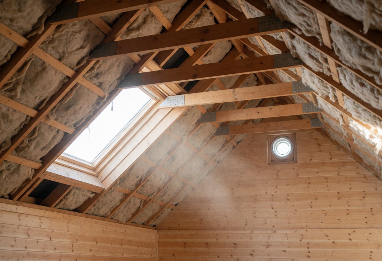 Exposed wooden roof beams and fiberglass insulation in a construction site with two skylights letting in natural light.