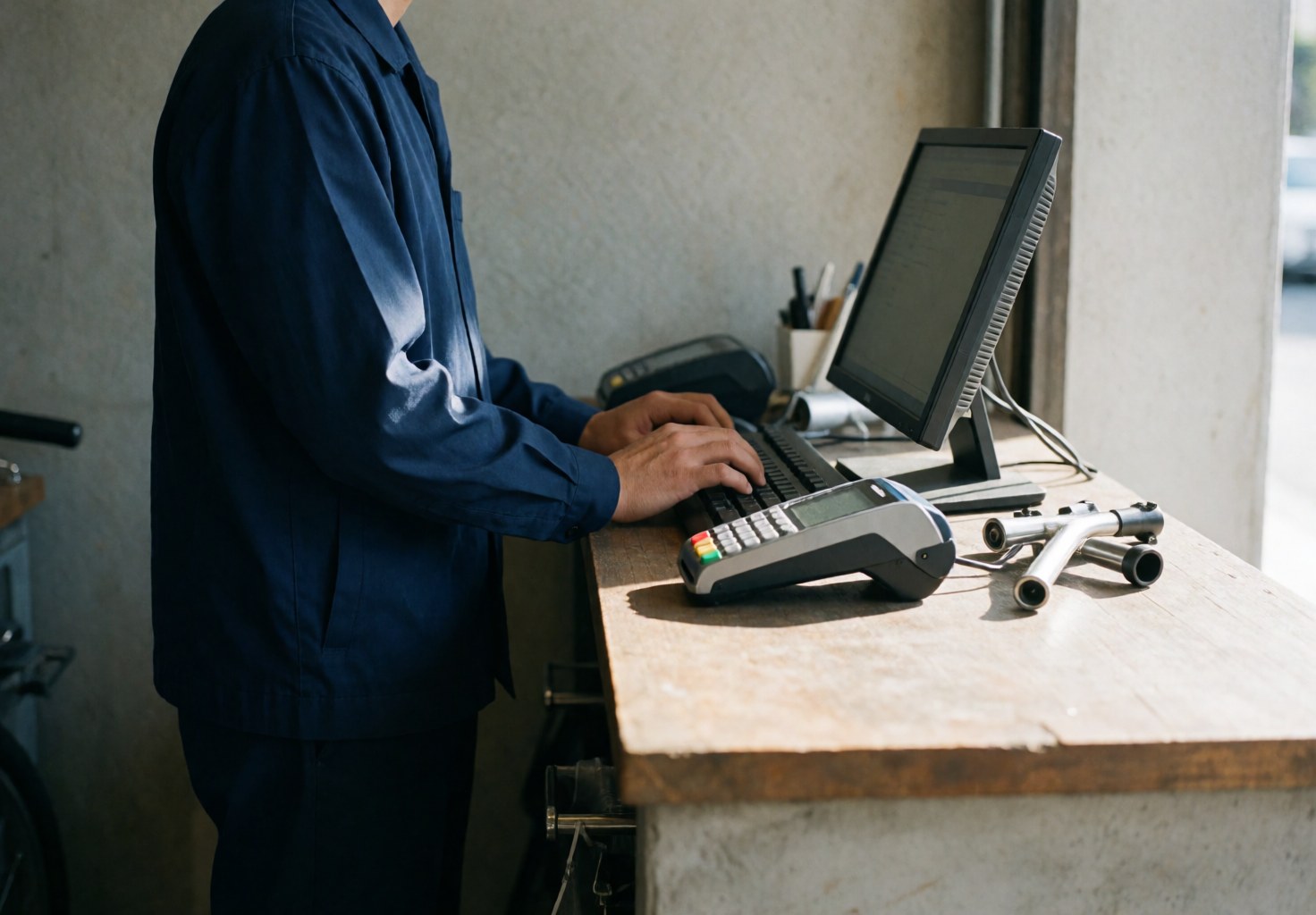 Bike mechanic using a payment terminal and computer in a service room with tools and natural light.