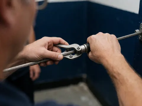 Close-up of a hand using a tool to adjust a metal cable on a ladder against a dark blue background, focusing on the technical installation details.