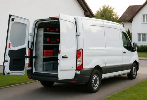 White service van parked in front of a home with rear doors open revealing organized tool shelves and equipment for alarm repair services