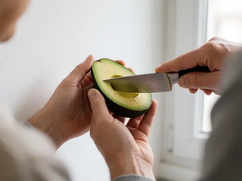 Close-up of hands using a stainless steel knife to cut a ripe avocado on a white wall with natural light highlighting its creamy texture