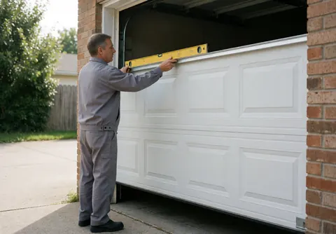 Technician in gray uniform installs white garage door panel using yellow level for alignment in garage with brick wall and concrete path
