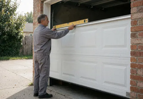 Technician in gray uniform installs white garage door panel using yellow level for alignment in garage with brick wall and concrete path