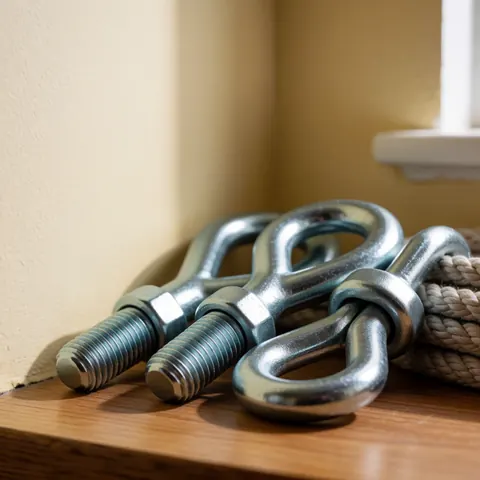 Metal anchors and safety rope resting on a wooden surface, highlighting industrial texture and utility for height work.