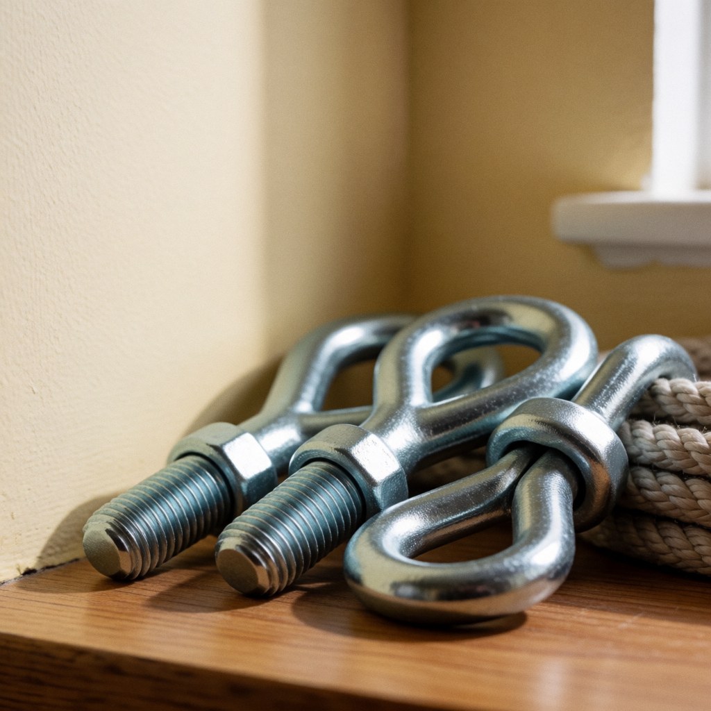 Metal anchors and safety rope resting on a wooden surface, highlighting industrial texture and utility for height work.