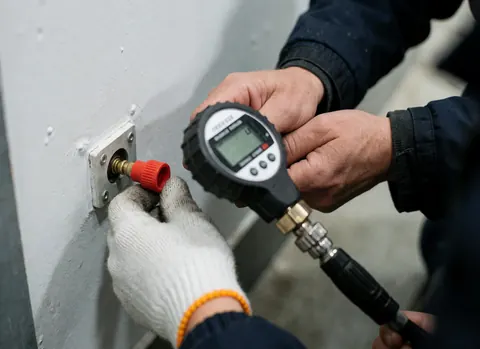 Close-up of a gloved hand using a digital pressure gauge on a red valve stem near a camper tire.