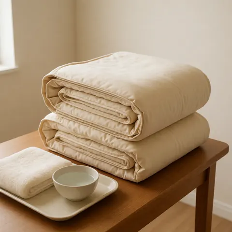 Folded beige futons, towel, and water cup on a wooden table with natural light for a clean professional back treatment setting