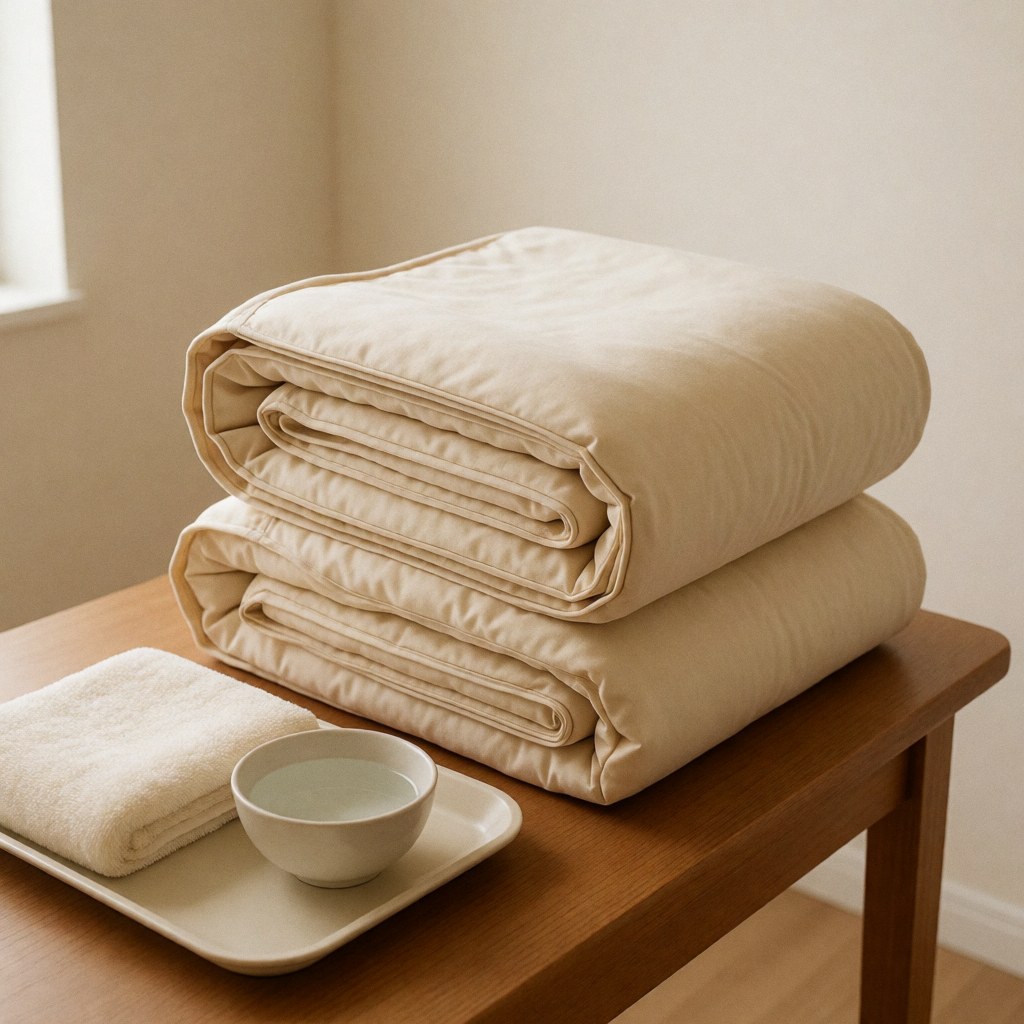 Folded beige futons, towel, and water cup on a wooden table with natural light for a clean professional back treatment setting