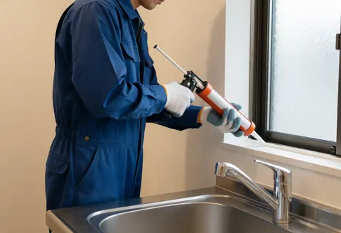 Worker in blue overalls applying white sealant to a kitchen window frame above a stainless steel sink with bright lighting and cream walls