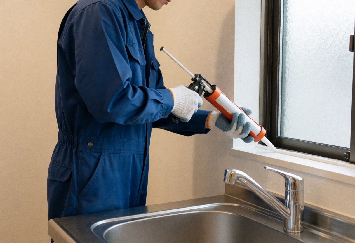 Worker in blue overalls applying white sealant to a kitchen window frame above a stainless steel sink with bright lighting and cream walls