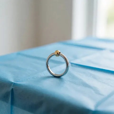 Gold ball piercing ring on sterile blue fabric in a piercing studio with natural light and reflective surface