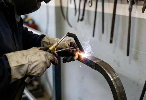Welder wearing helmet and gloves performing welding on a curved metal bar in an industrial workshop with tools hanging in the background