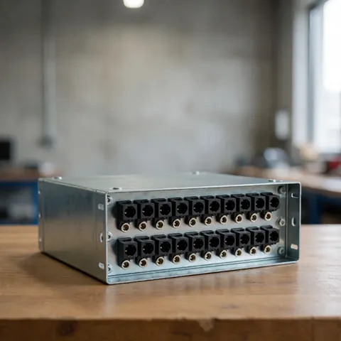 Metal enclosure with multiple DC terminals for cameras placed on a wooden table in a workshop with concrete walls