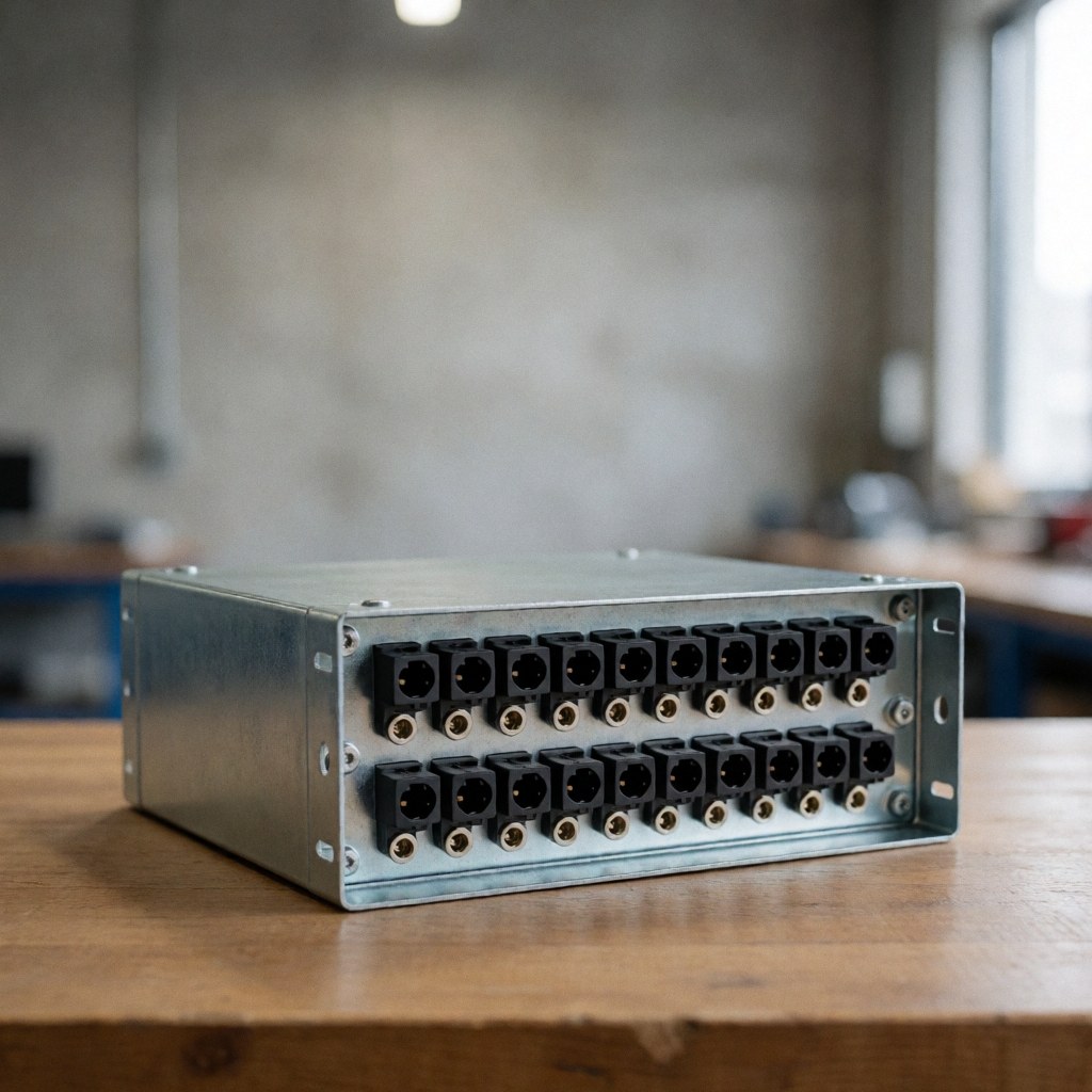 Metal enclosure with multiple DC terminals for cameras placed on a wooden table in a workshop with concrete walls