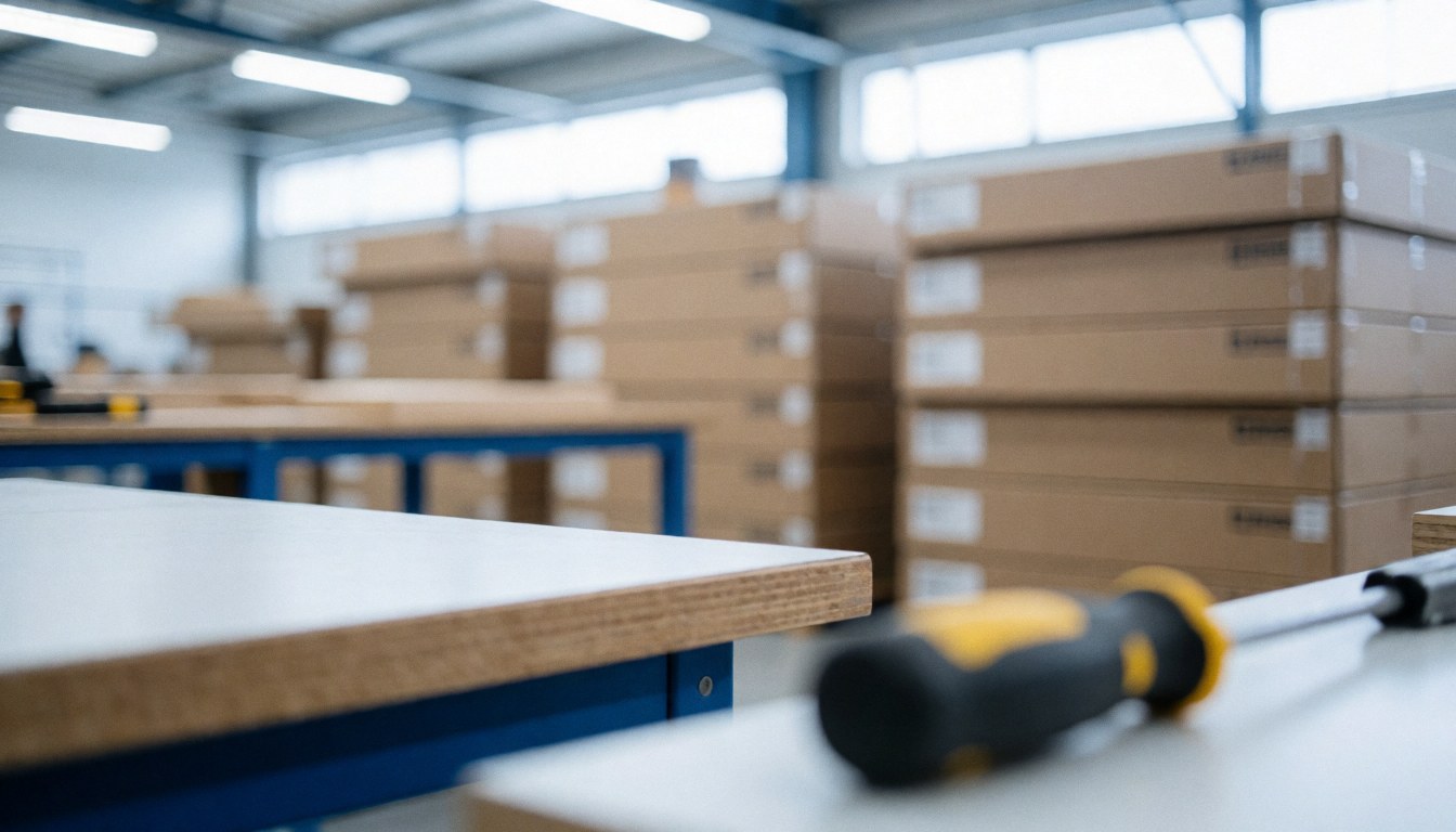 Stacked furniture boxes and tools on a workbench in an industrial workshop, providing a professional background for text.