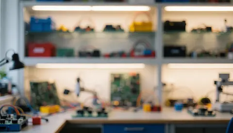 Soft focus background of a robotics lab featuring shelves with electronic components and circuits on worktables under warm professional lighting